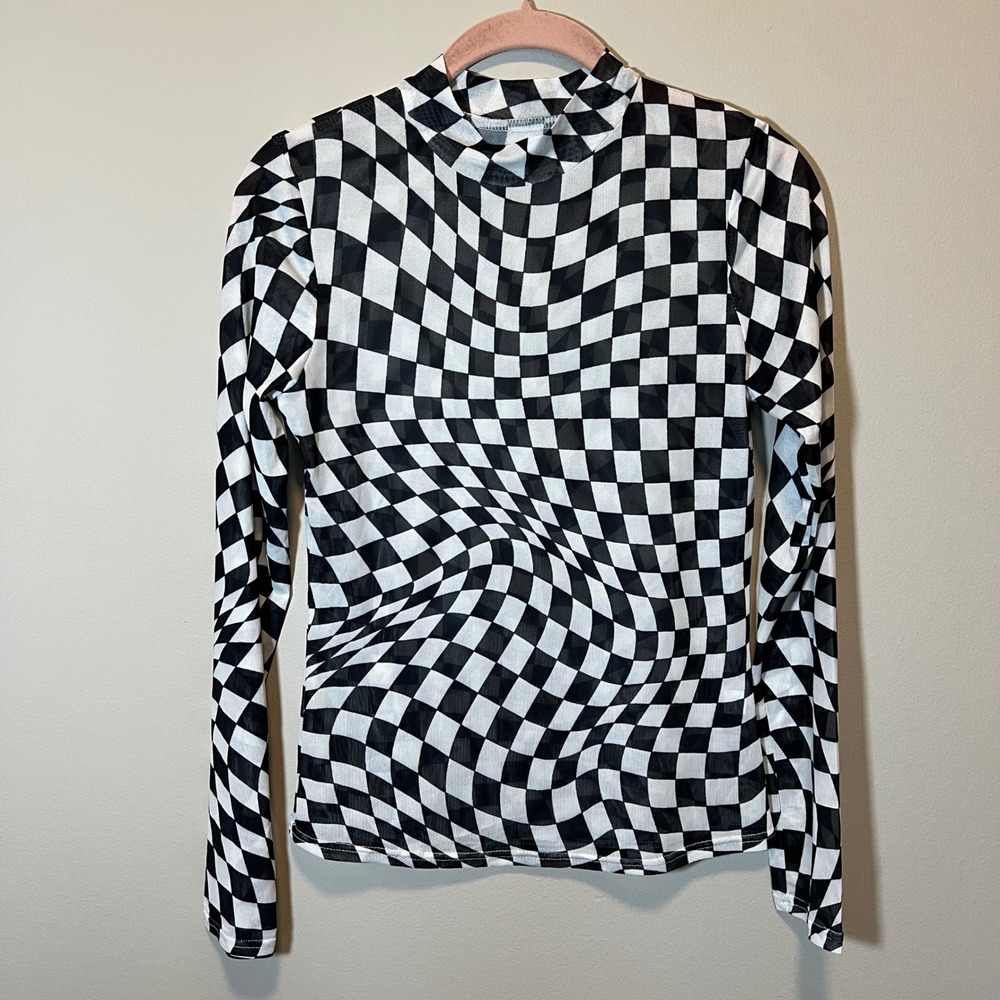 Warped Checkerboard Mesh Mock Neck Long Sleeve Top Black White Grunge Small